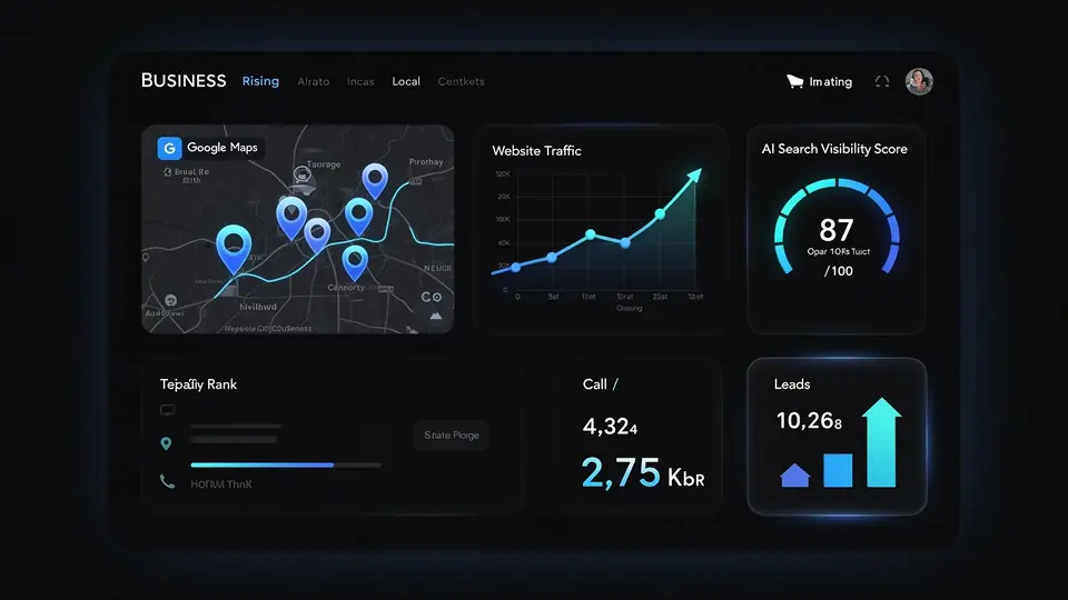 Visibility command dashboard showing Google Maps rank, website traffic, AI search score, and call tracking for an El Paso business