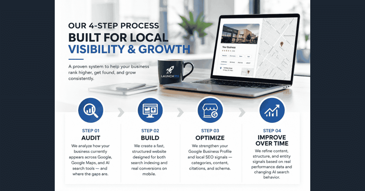 Launch915 four-step process: Audit, Build, Optimize, Improve